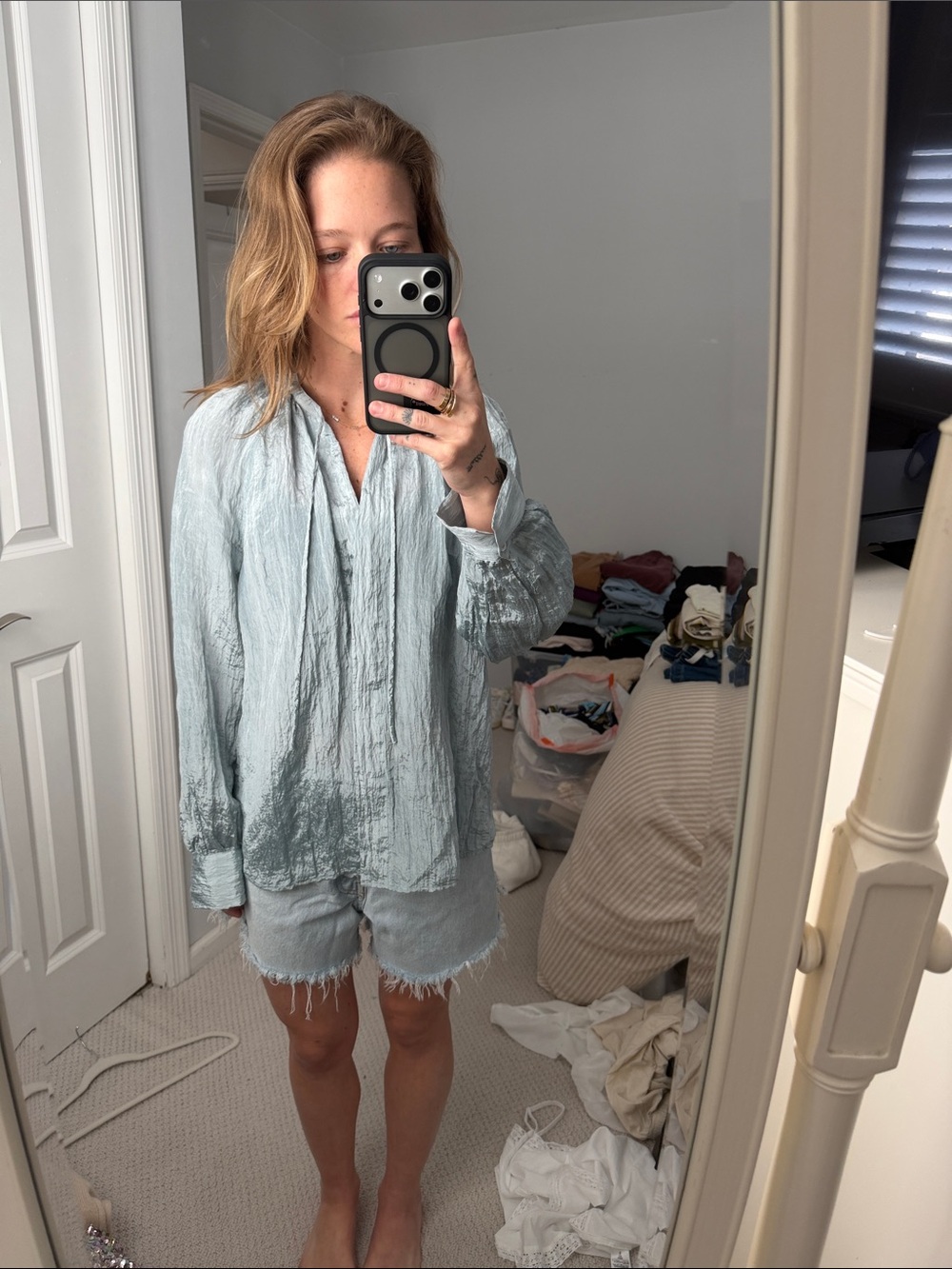 Vince Pale Blue Crinkle Long-Sleeve Tunic